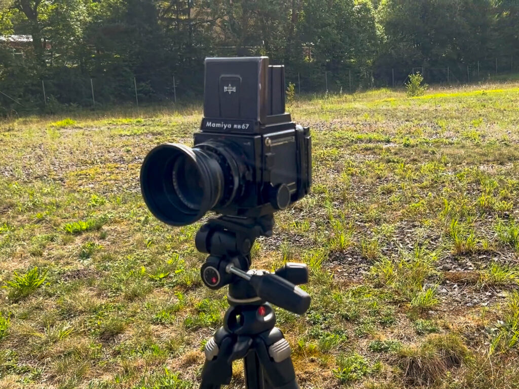 Eine analoge Mittelformatkamera, die Mamiya RB67 Professional S steht auf einem stabilen Stativ mitten auf einer Wiese.