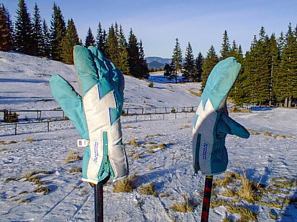 Ein pixelige digitale Fotografie, beim Sklaufen aufgenommen. Meine Skistöcke stecken am Pistenrand im Schnee, darauf meine Handschuhe. Im Hintergrund sind Wald und Berge.